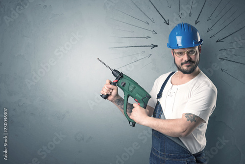 Working man with tools in his hand and arrows above his head.