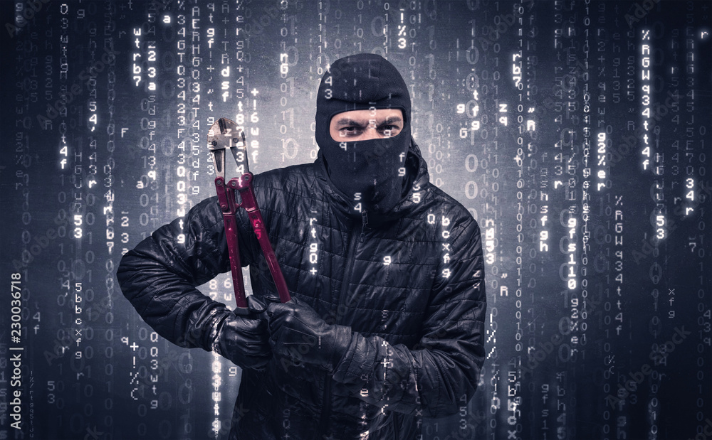 Naklejka premium Burglar in action with encoded concept and his tools in his hand. 