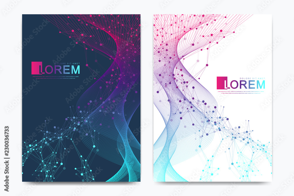 Modern vector template for brochure, leaflet, flyer, cover, banner, catalog, magazine, or annual report in A4 size. DNA helix, DNA strand, molecule or atom, neurons. Wave flow. Lines plexus