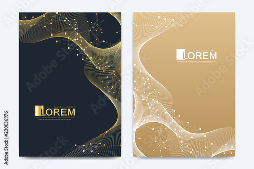Modern vector template for brochure, leaflet, flyer, cover, catalog, magazine, banner or annual report. A4 size. Business, science and technology design with golden dynamic waves, line and particles.