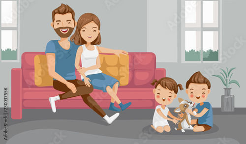 sister and brother playing with dog together on floor. chihuahua is licking the boy's cheek. while young parents relaxing at home on sofa In the living room. parenthood and friendship between siblings