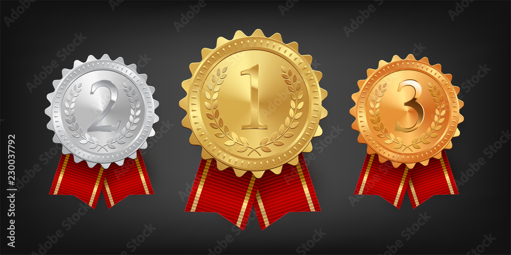 Gold, silver and bronze medals with red ribbons isolated on black background. Vector design element. Gold, silver and bronze medals with red ribbons isolated on black background. Vector design element.