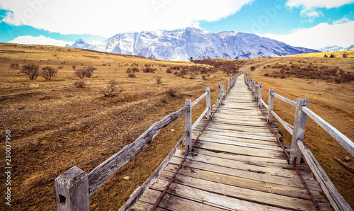 long wooden walkway with golden vast plain of Yak Meadow in Jade Dragon Snow Mountain area in Lijiang  Yunnan  China