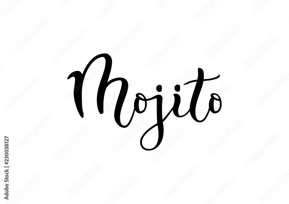 Modern calligraphy lettering of Mojito in black isolated on white background for bar menu, cocktail menu, advertisement, cafe, restaurant, packaging, flyer Modern calligraphy lettering of Mojito in black isolated on white background for bar menu, cocktail menu, advertisement, cafe, restaurant, packaging, flyer