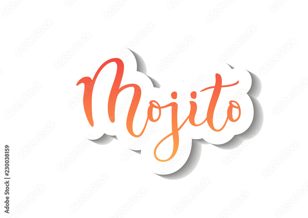Modern calligraphy lettering of Mojito in red orange gradient with white outline and shadow on white background for bar menu, cocktail menu, advertisement, cafe, restaurant, packaging, flyer, sticker Modern calligraphy lettering of Mojito in red orange gradient with white outline and shadow on white background for bar menu, cocktail menu, advertisement, cafe, restaurant, packaging, flyer, sticker