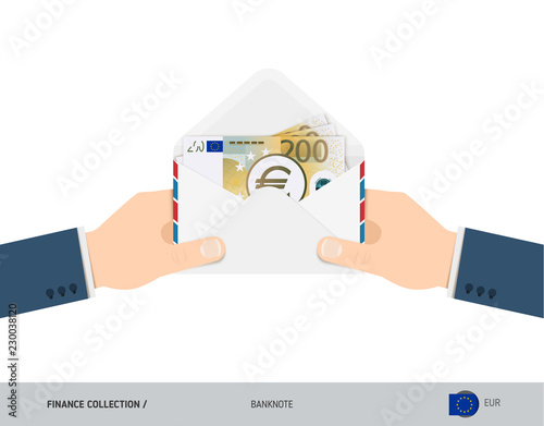 200 Euro Banknotes in envelope hold in hand. Flat style opened white envelope with cash. Salary payout or corruption concept.