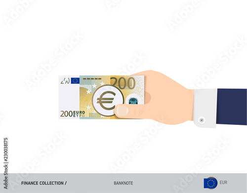 200 Euro Banknote. Hand gives money. Flat style vector illustration. Salary payout or corruption concept.