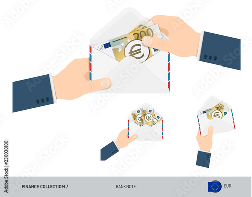 200 Euro Banknotes in envelope hold in hand. Set of flat style opened white envelopes with cash. Salary payout or corruption concept.