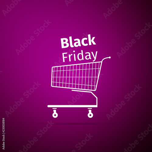Black friday sale. Shopping cart icon isolated on purple background. Flat design. Vector Illustration