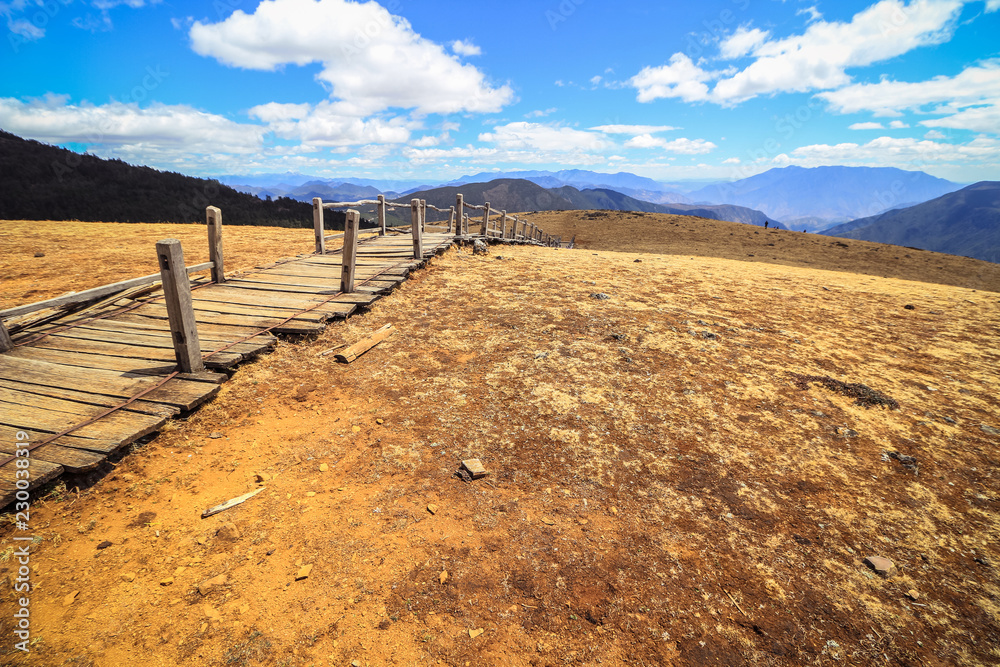 long wooden walkway with golden vast plain of Yak Meadow in Jade Dragon Snow Mountain area in Lijiang, Yunnan, China long wooden walkway with golden vast plain of Yak Meadow in Jade Dragon Snow Mountain area in Lijiang, Yunnan, China