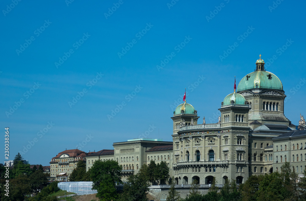Federal Palace of Switzerland.  View of the Federal Palace from the south, by the river Aare.  Bern, Switzerland.