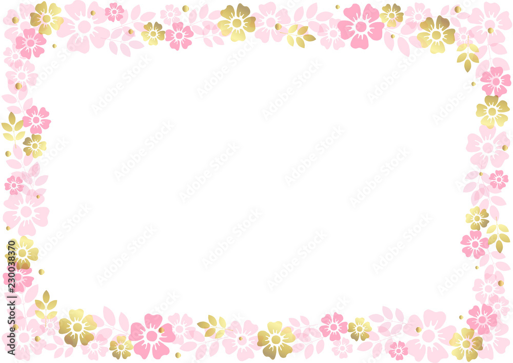 Decorative frame of pink and golden flowers and leaves on white background for decoration, invitation or wedding, poster, valentines day, valentine, lettering or text, advertising, flower shop Decorative frame of pink and golden flowers and leaves on white background for decoration, invitation or wedding, poster, valentines day, valentine, lettering or text, advertising, flower shop