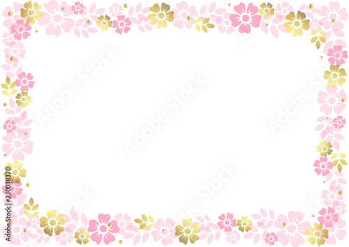 Decorative frame of pink and golden flowers and leaves on white background for decoration, invitation or wedding, poster, valentines day, valentine, lettering or text, advertising, flower shop © Rezida