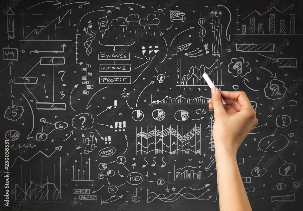 Female hand holding white chalk in front of a blackboard with a business plan drawn on it 