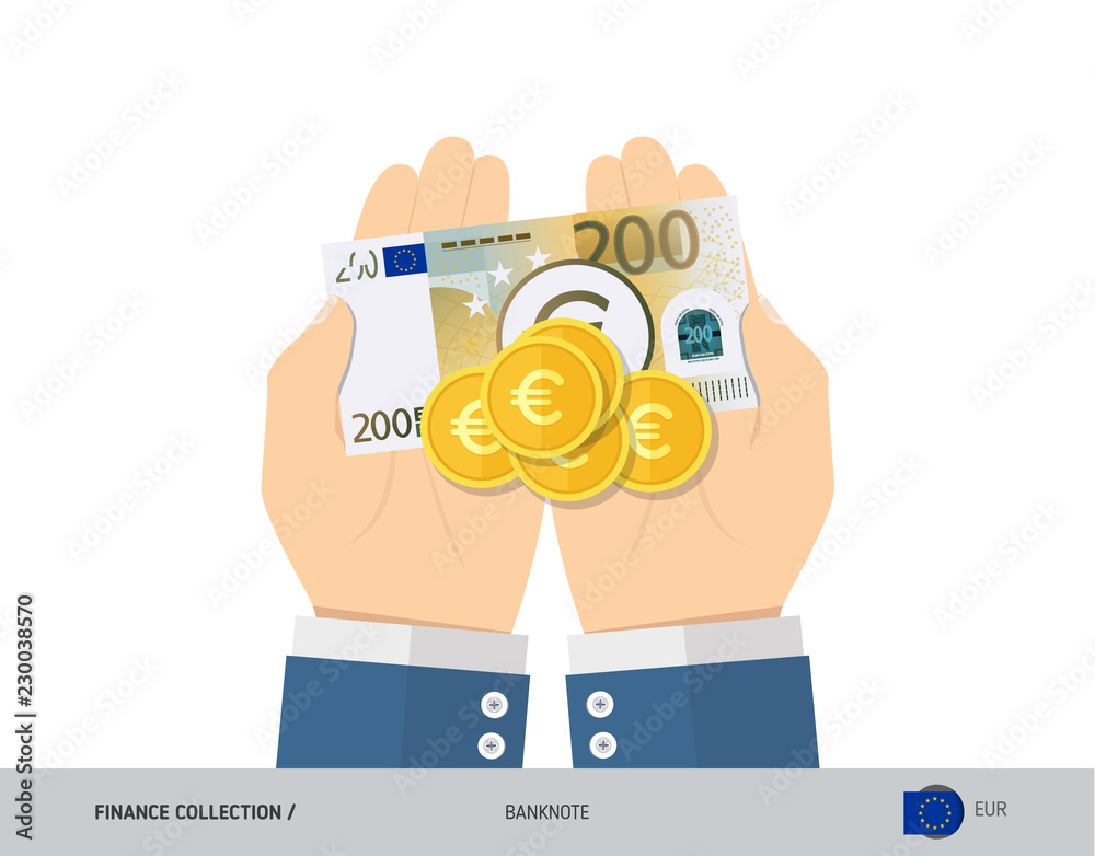 200 Euro Banknote and coins in the palm of hands. Flat style vector illustration. Finance concept. 200 Euro Banknote and coins in the palm of hands. Flat style vector illustration. Finance concept.
