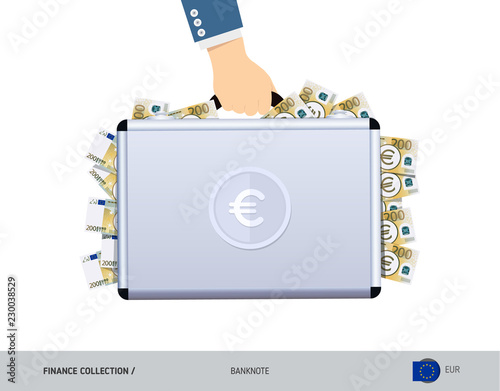 Hand holds a metal case with 200 Euro Banknotes. Flat style vector illustration. Salary payout or corruption concept.