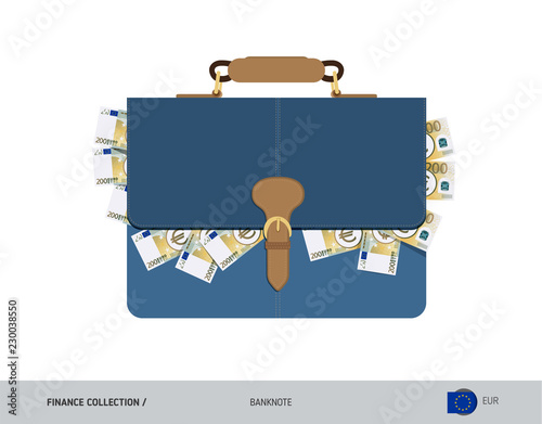 Leather briefcase with 200 Euro Banknotes. Flat style vector illustration. Salary payout or corruption concept.