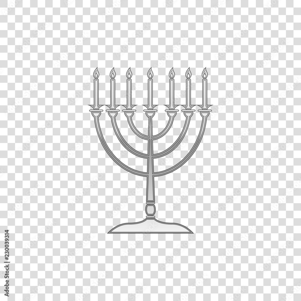 Silver Hanukkah menorah isolated object on transparent background. Religion icon. Hanukkah traditional symbol. Holiday religion, jewish festival of Lights. Flat design. Vector Illustration