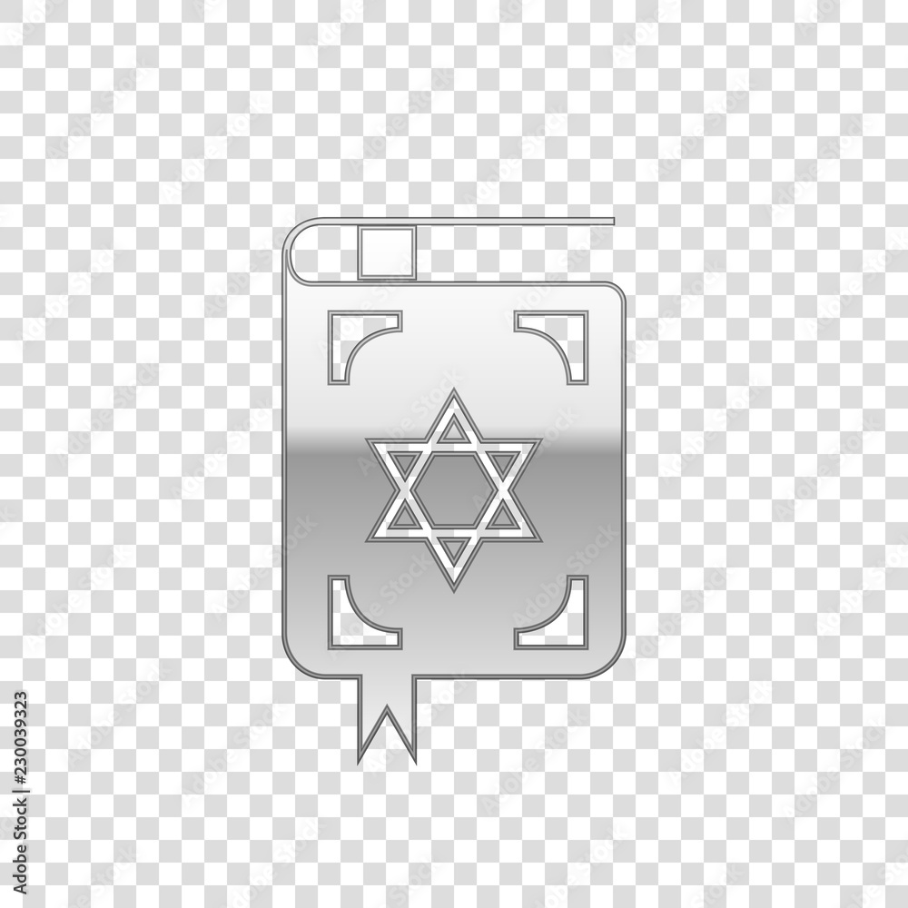 Silver Jewish torah book isolated object on transparent background. The Book of the Pentateuch of Moses. On the cover of the Bible is the image of the Star of David. Flat design. Vector Illustration Silver Jewish torah book isolated object on transparent background. The Book of the Pentateuch of Moses. On the cover of the Bible is the image of the Star of David. Flat design. Vector Illustration