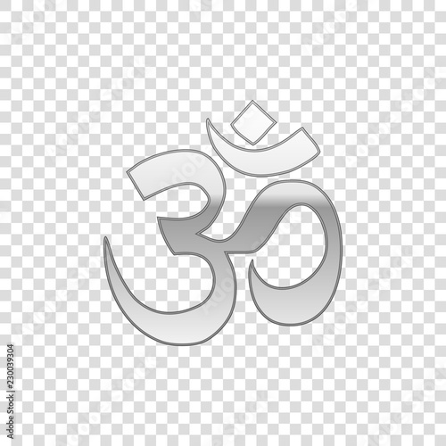 Silver Om or Aum Indian sacred sound isolated on transparent background. Symbol of Buddhism and Hinduism religions. The symbol of the divine triad of Brahma, Vishnu and Shiva. Vector Illustration