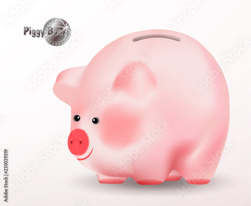 Piggy bank or moneybox. Realistic vector illustration isolated on white background. Cute pig eastern chinese symbol of 2019 year