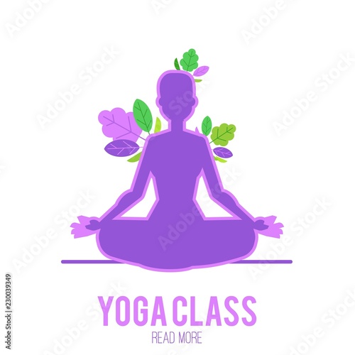 Yoga vector illustration of luminous ultra violet silhouette of young woman sitting in lotus pose and meditating with decorative leaf elements isolated on white background.