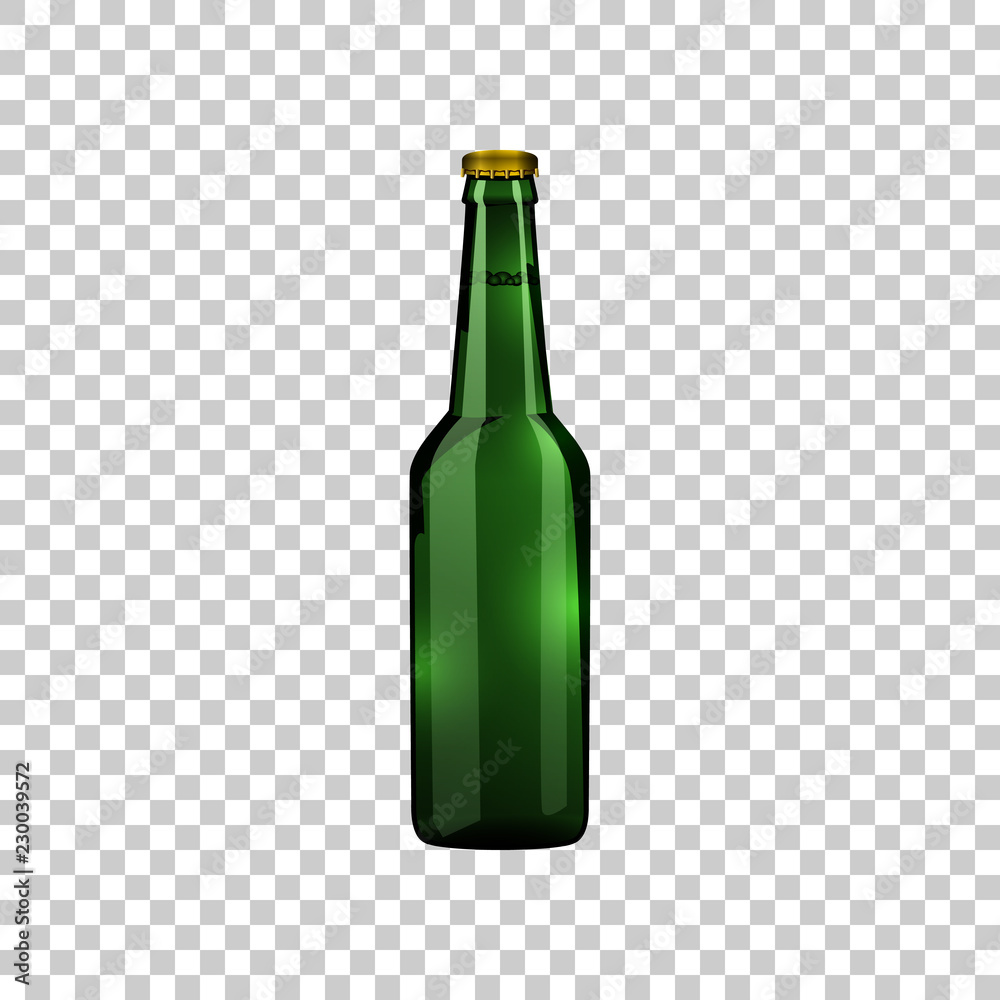 Realistic green glass beer bottle isolated object on transparent background. Vector Illustration