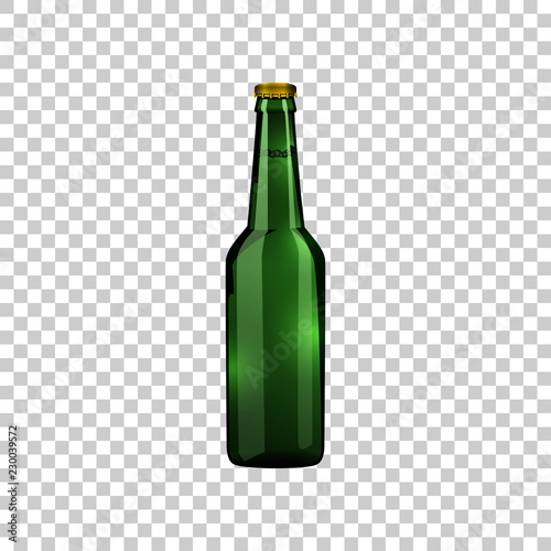 Realistic green glass beer bottle isolated object on transparent background. Vector Illustration