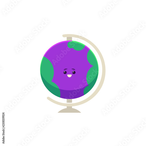 Cute purple green globe character smiling, symbol of environment, geography and planet earth. Happy humanized education and back to school symbol with facial emotions. Vector isolated illustration