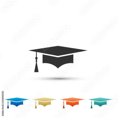Graduation cap icon isolated on white background. Graduation hat with tassel icon. Set elements in colored icons. Flat design. Vector Illustration