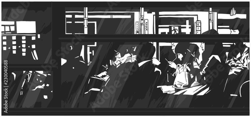 Illustration of late night bus public transport with passengers commuters