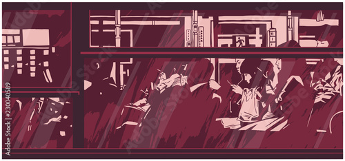 Illustration of late night bus public transport with passengers commuters