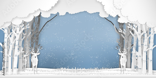 Reindeers in forest in the winter season with trees and snow  as Merry Christmas , Paper art , cut and digital craft style concept. vector illustration