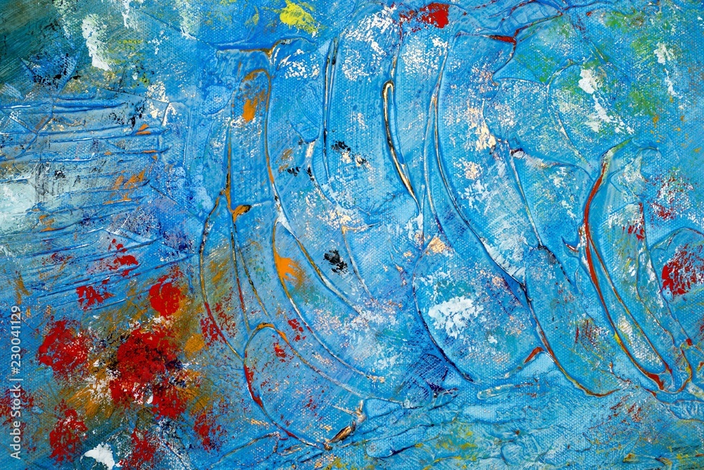 Naklejka premium Hintergrund in Blau mit bunten Bereichen auf Leinwand, Acryl-Struktur-Gel und Gouache-Farbe