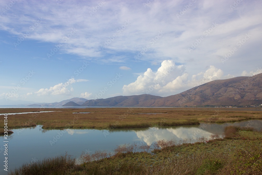 View of the wetland of kalamas river delta in Sagiada village in Thesprotia Greece in the afternoon