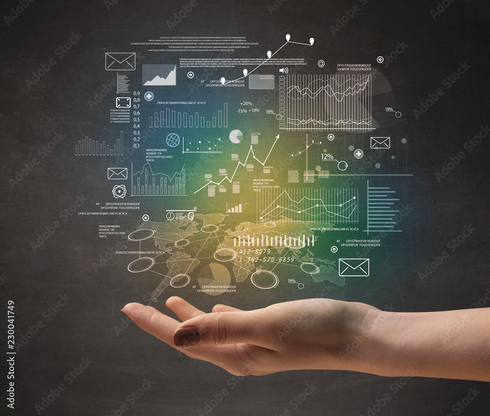 Obraz premium Demographic related charts, diagrams and graphs hovering over young hand