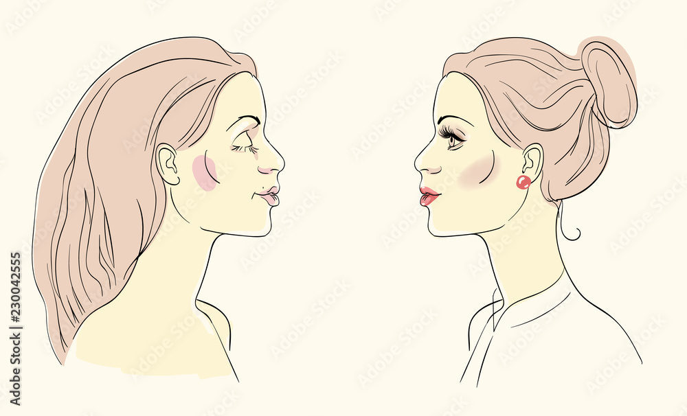 Young woman before and after putting on her make up.