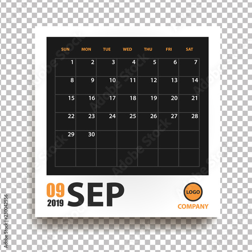 September 2019 calendar in realistic photo frame with shadow isolated on transparent background. Event planner. All size. Vector illustration