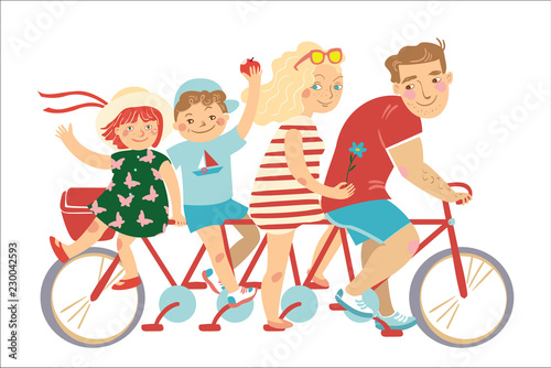 Happy family of father, mother, boy and girl riding on a red bicycle
