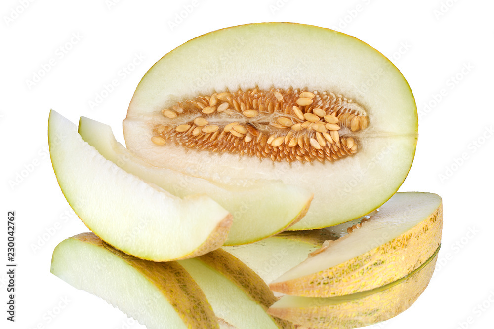 Half melon with seeds and melon slices on white mirror background with reflection isolated close Half melon with seeds and melon slices on white mirror background with reflection isolated close
