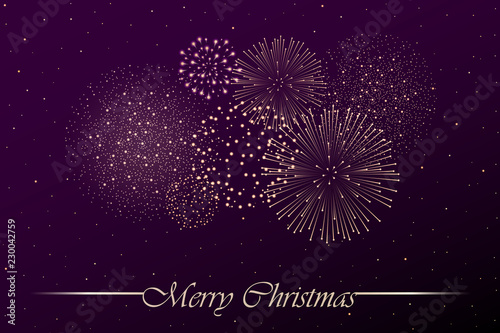 Firework show on purple night sky background. Christmas concept. Congratulations or invitation card background. Vector illustration