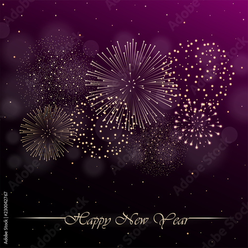 Firework show on violet night sky background with glow and sparkles. New year concept. Invitation, card, party background. Vector illustration