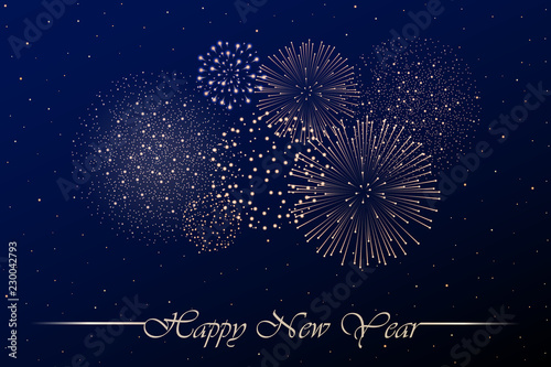 Firework show on blue night sky background. New year concept. Congratulations or invitation card background. Vector illustration