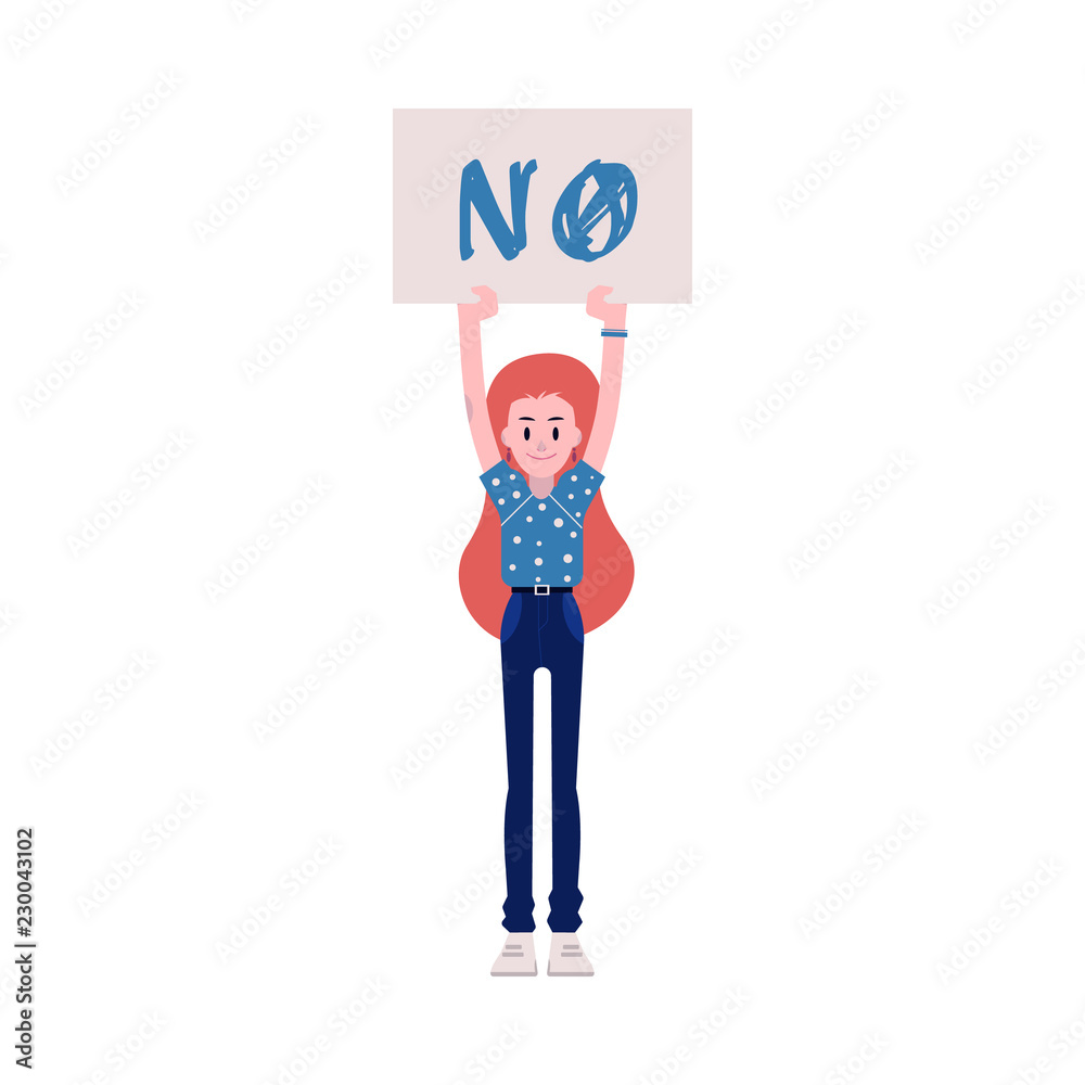 Vector illustration of woman protester. Young caucasian girl keeping placard with NO sign up isolated on white background - fighting for female rights and gender equality concept. Vector illustration of woman protester. Young caucasian girl keeping placard with NO sign up isolated on white background - fighting for female rights and gender equality concept.