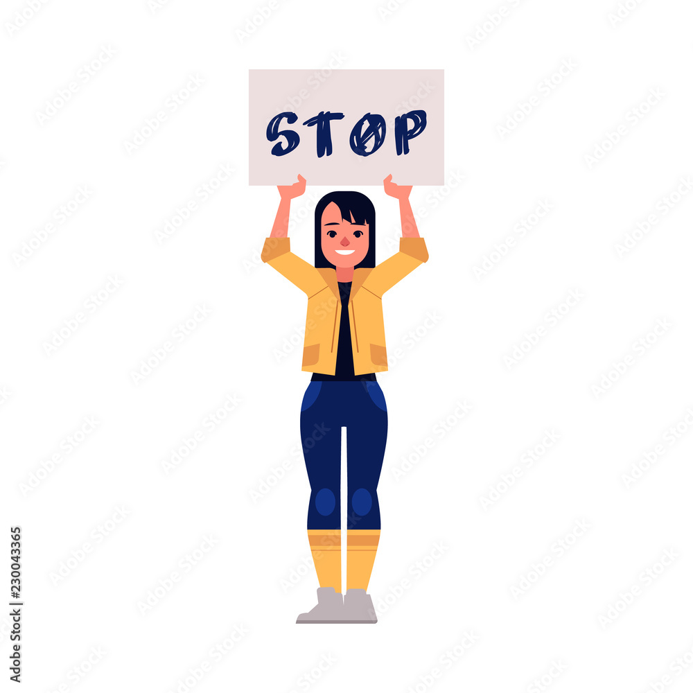 Vector illustration of woman protester and activist. Young girl holding placard with STOP sign above her head isolated on white background - fighting for female rights and gender equality concept. Vector illustration of woman protester and activist. Young girl holding placard with STOP sign above her head isolated on white background - fighting for female rights and gender equality concept.