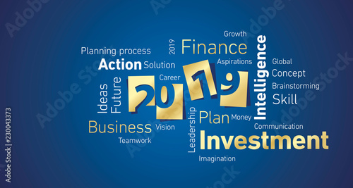 Investment New Year 2019 gold white word cloud blue board background