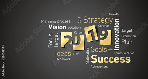 Success New Year 2019 gold white word cloud black board background