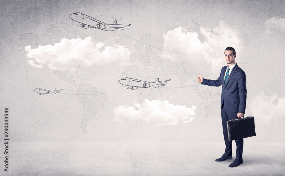Businessman hitchhiking with flying airplanes cloud and map concept
Businessman hitchhiking with flying airplanes cloud and map concept
