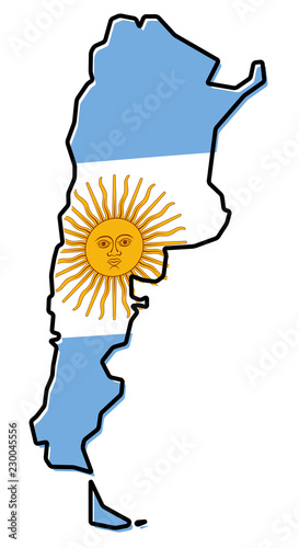 Simplified map of Argentina outline, with slightly bent flag under it.