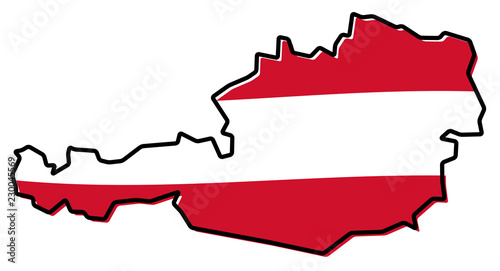 Simplified map of Austria outline, with slightly bent flag under it.